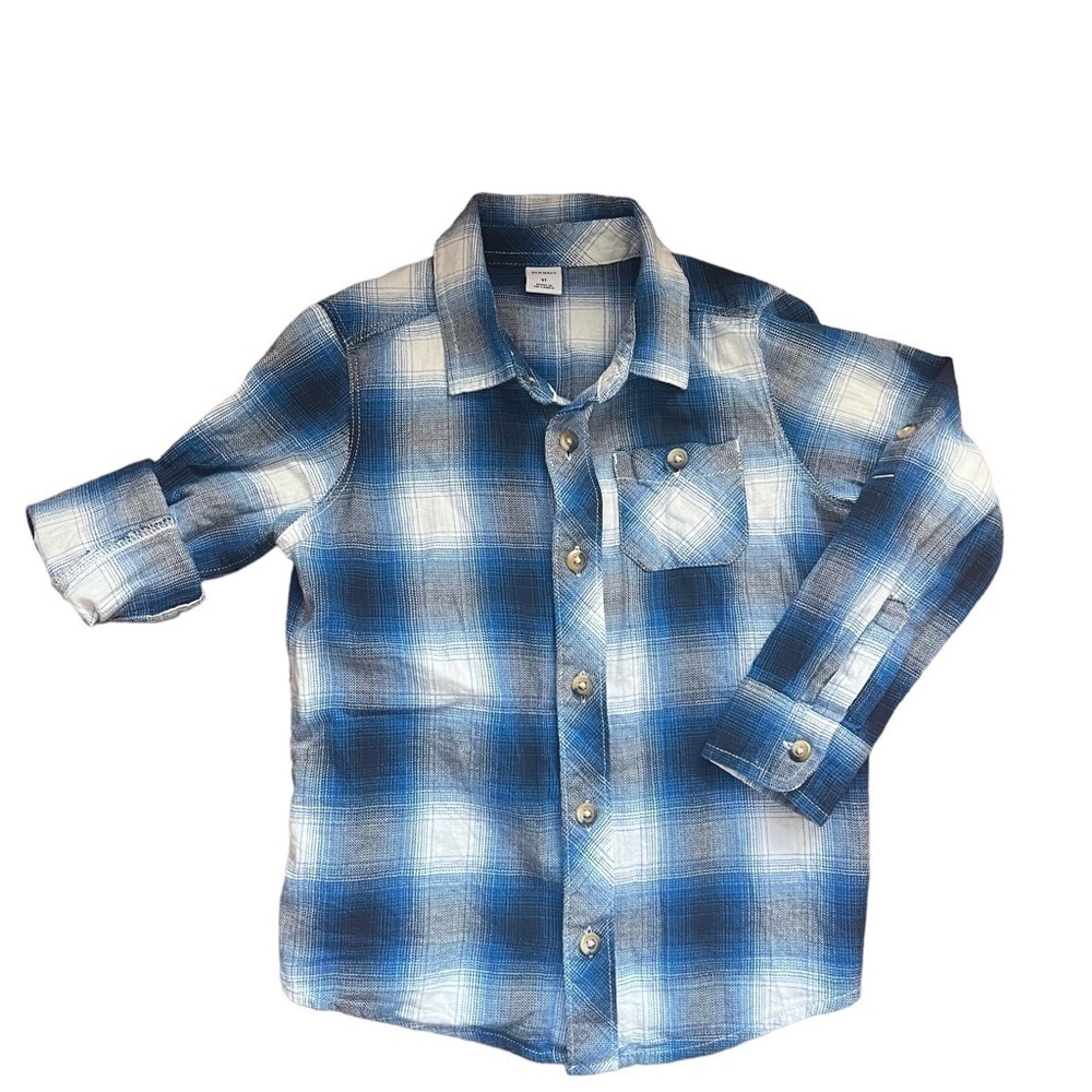 Old Navy Boys Little Kid Size 5T Plaid Roll-Up Sleeve Shirt Button Up Short Blue